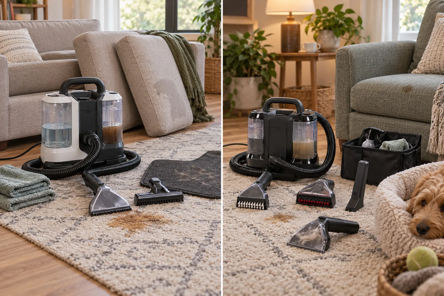 Side-by-side portable spot-cleaning routines comparing a longer multi-surface session with documented larger Bissell tanks and localized upholstery jobs using wide, bristle, and crevice tools.