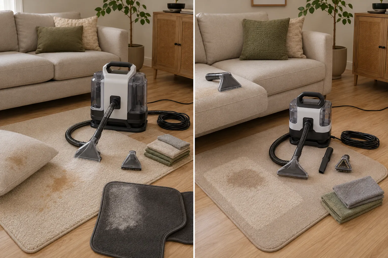 Side-by-side portable spot-cleaning routines comparing a longer multi-surface session with larger tanks and smaller localized upholstery jobs using wide and crevice tools.