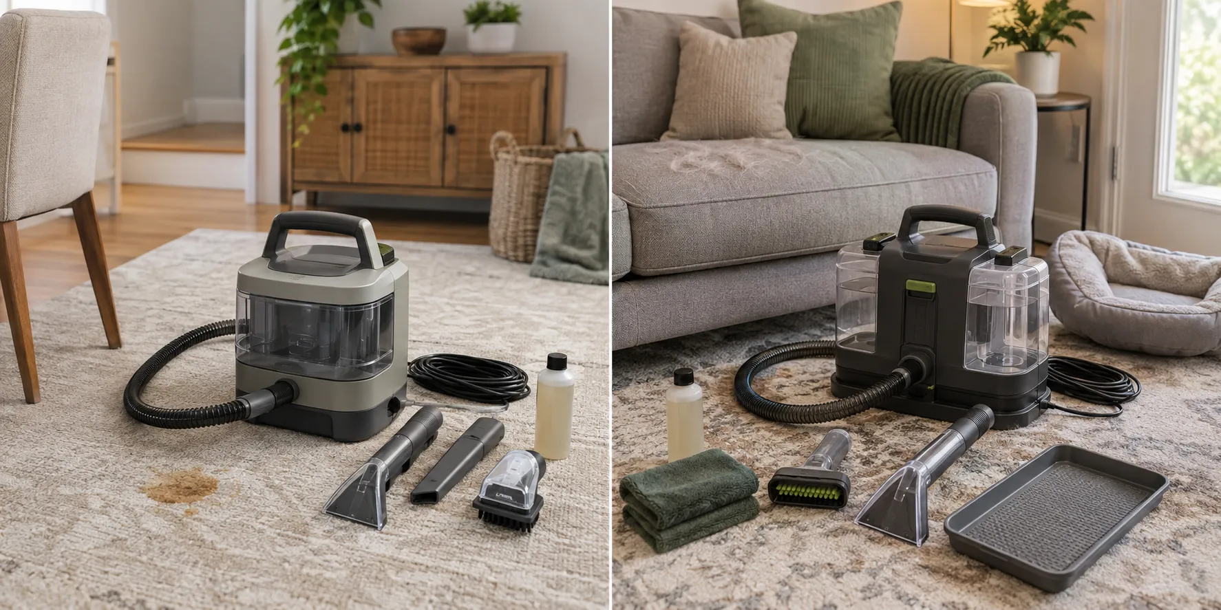 General-purpose stain and crevice tools with a larger clean-water tank compared with matching clean and recovered tanks and a pet-hair tool.