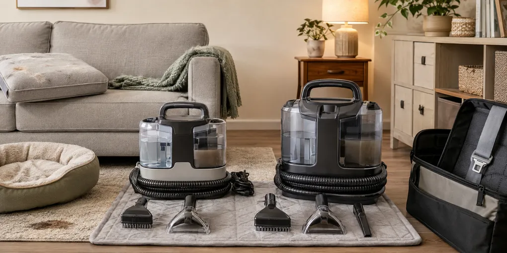 Two pet-focused portable spot cleaners compared in a small apartment with pet-hair tools, stain tools, a narrow crevice attachment, sofa, rug, and pet bed.