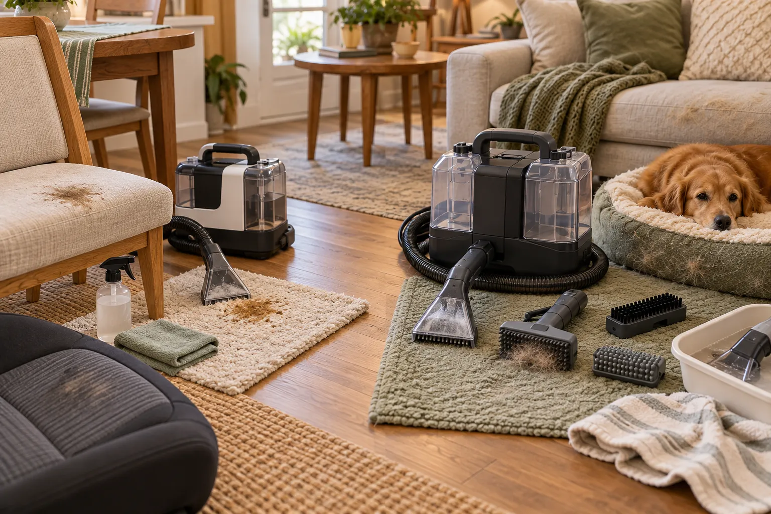 Small portable spot-cleaner tanks used for one localized stain compared with larger clean and recovery tanks supporting several pet-related cleaning areas in one session.