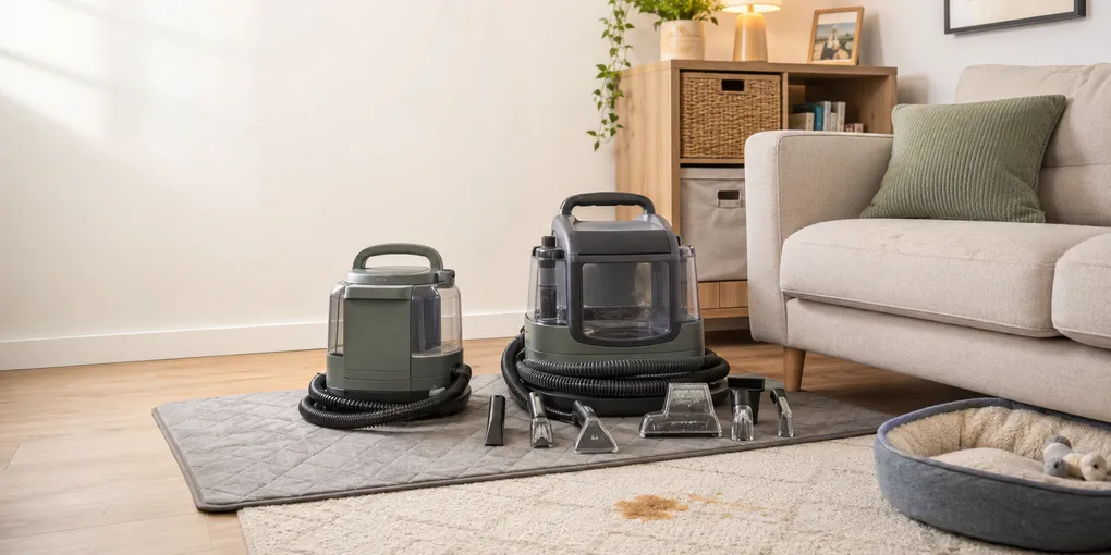Two portable carpet spot cleaners compared in a small apartment living room with a sofa, area rug, pet bed, hoses, and specialized cleaning tools.