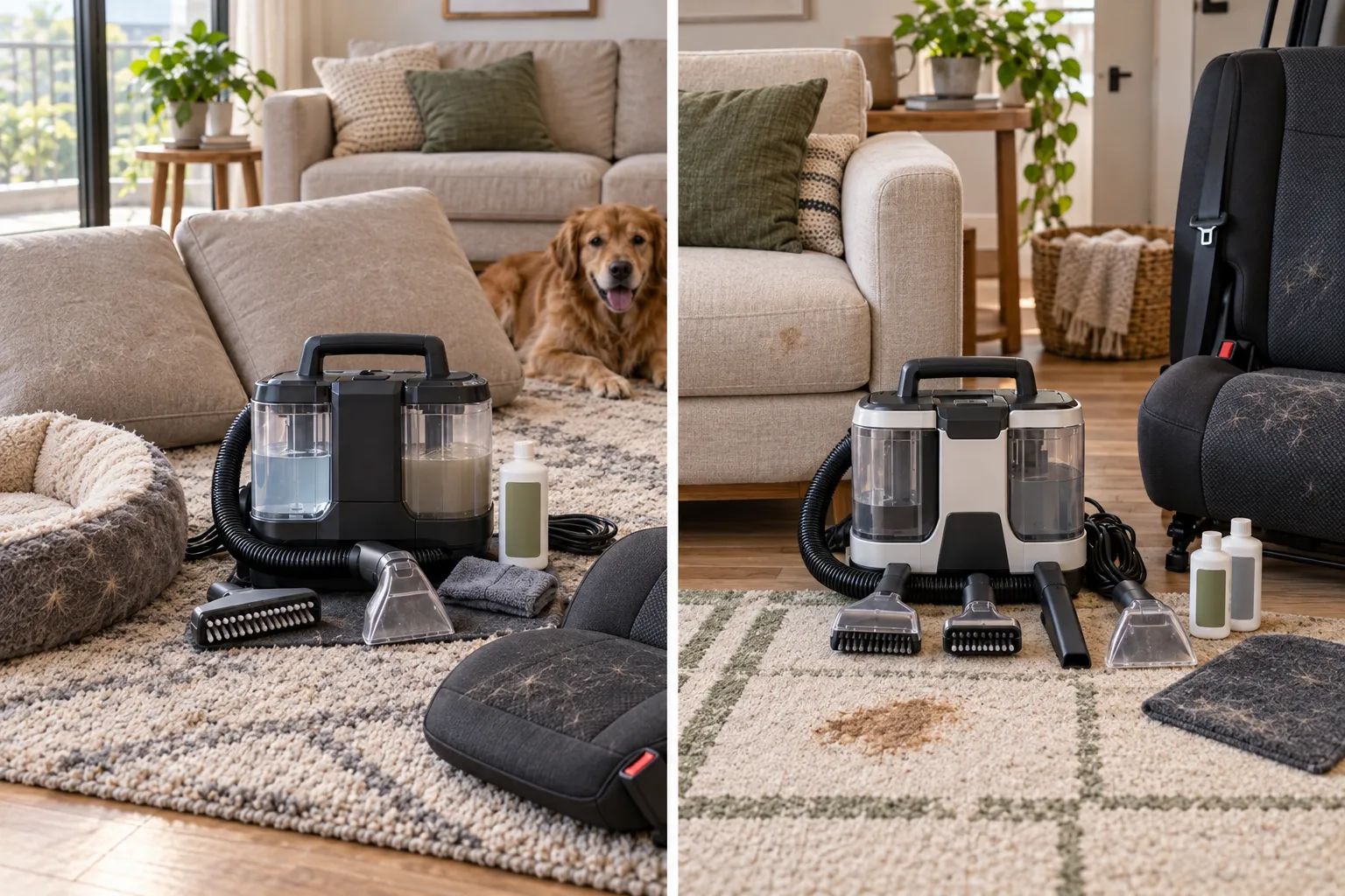 Side-by-side portable spot-cleaning routines showing several recurring pet-cleaning areas with a self-cleaning tool and smaller localized jobs using bristle, pet, and crevice tools.