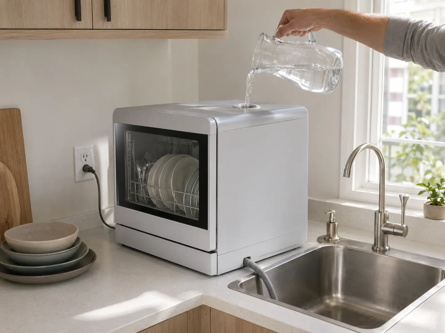 Adult hand pouring water from a pitcher into a compact countertop dishwasher, with its drain hose routed into the adjacent sink.