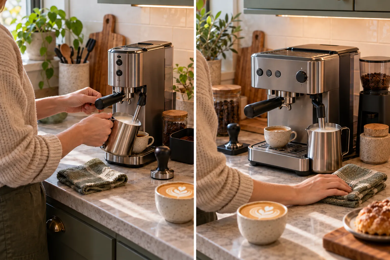 Side-by-side espresso routines comparing hands-on manual milk steaming with automatic milk texturing using compact espresso machines.