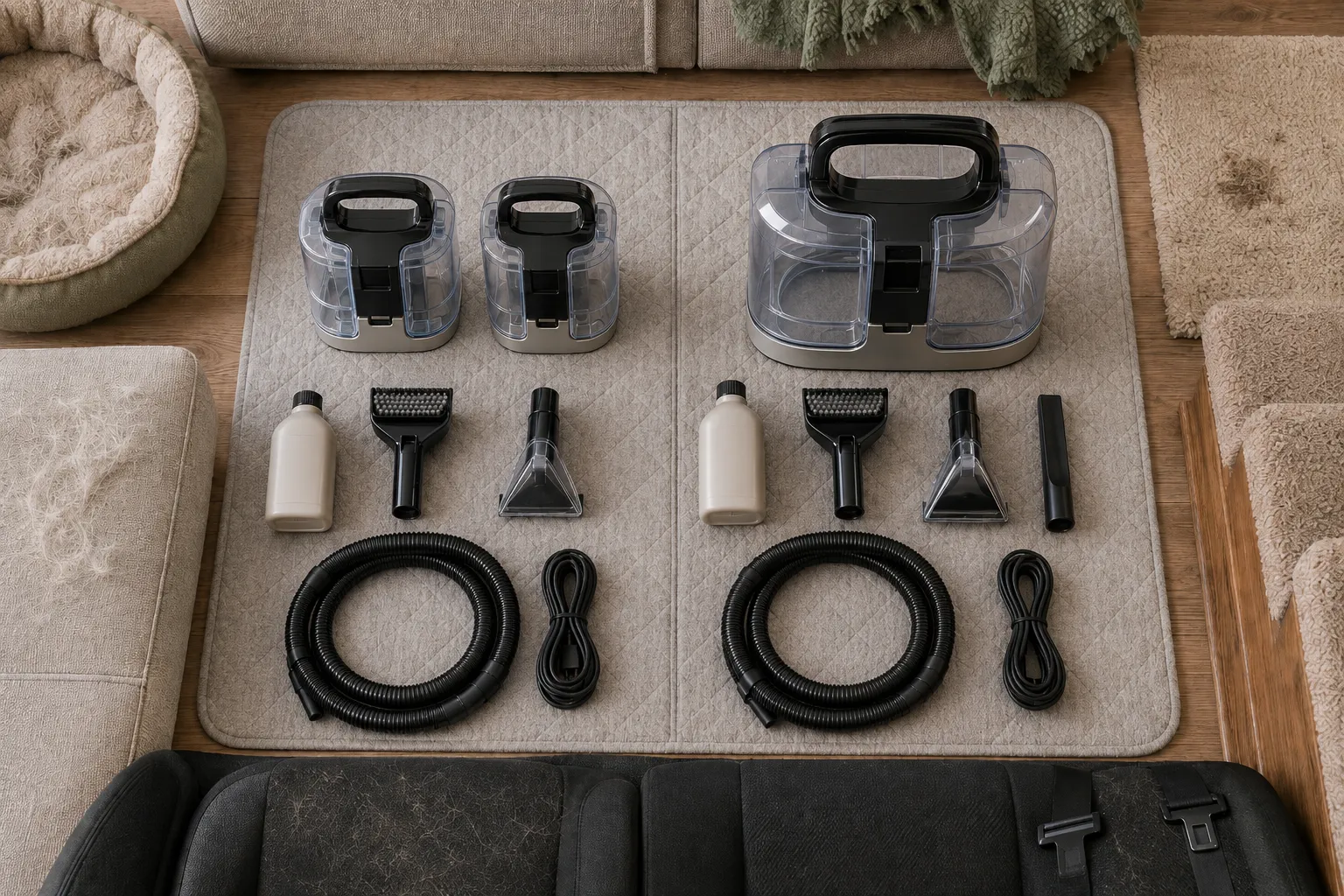 Two pet-focused spot-cleaner setups comparing matching clean and dirty tanks, pet-hair tools, stain tools, and an additional narrow spraying crevice attachment.