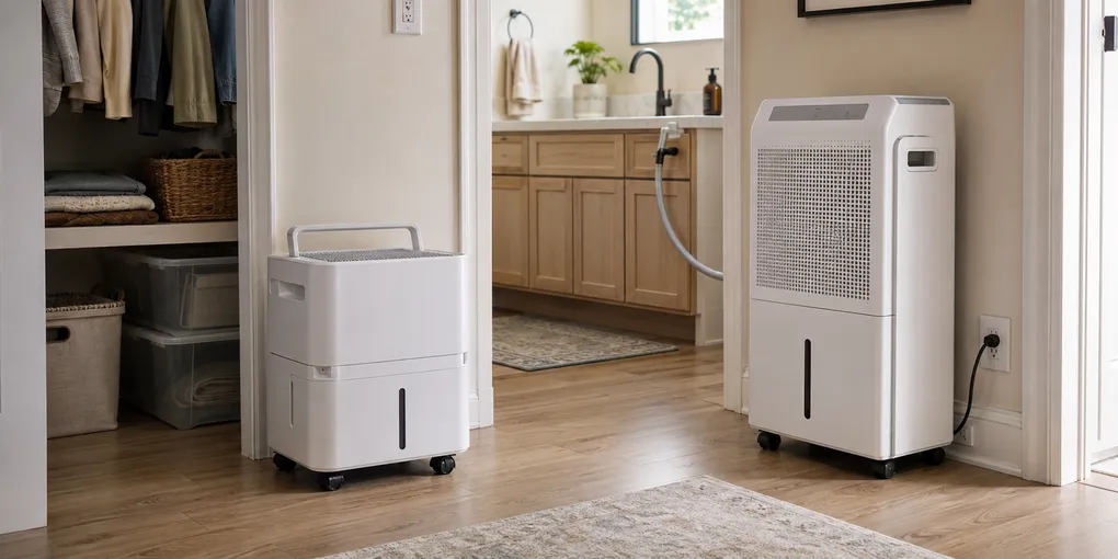 Cube-style and shallow upright pump dehumidifiers compared in a small apartment with caster wheels, removable buckets, safe airflow space, storage area, and sink drainage route.
