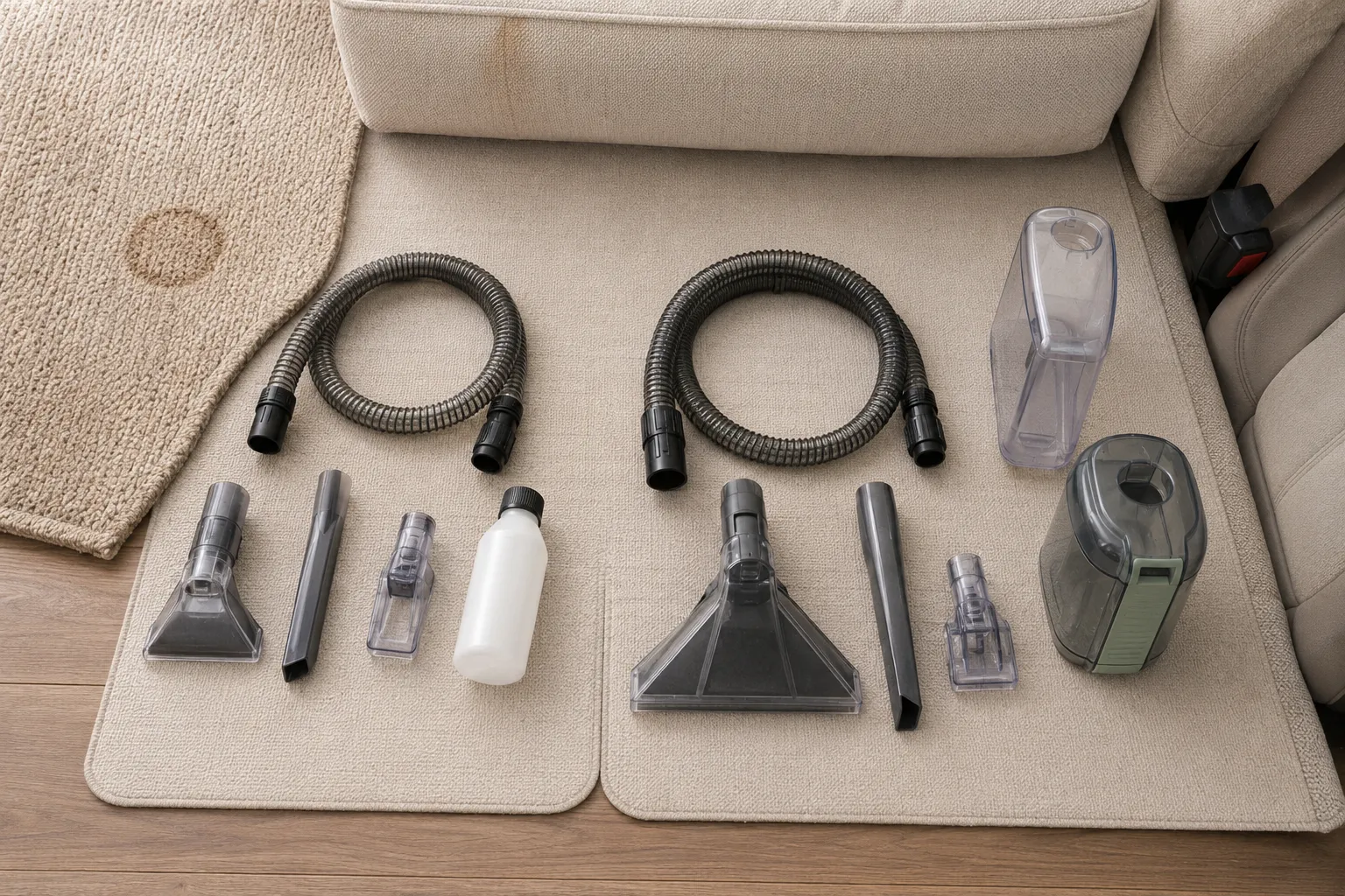 Narrow stain and crevice tools compared with a wider upholstery tool, tight-area attachment, hose-rinsing tools, and realistic fabric samples.