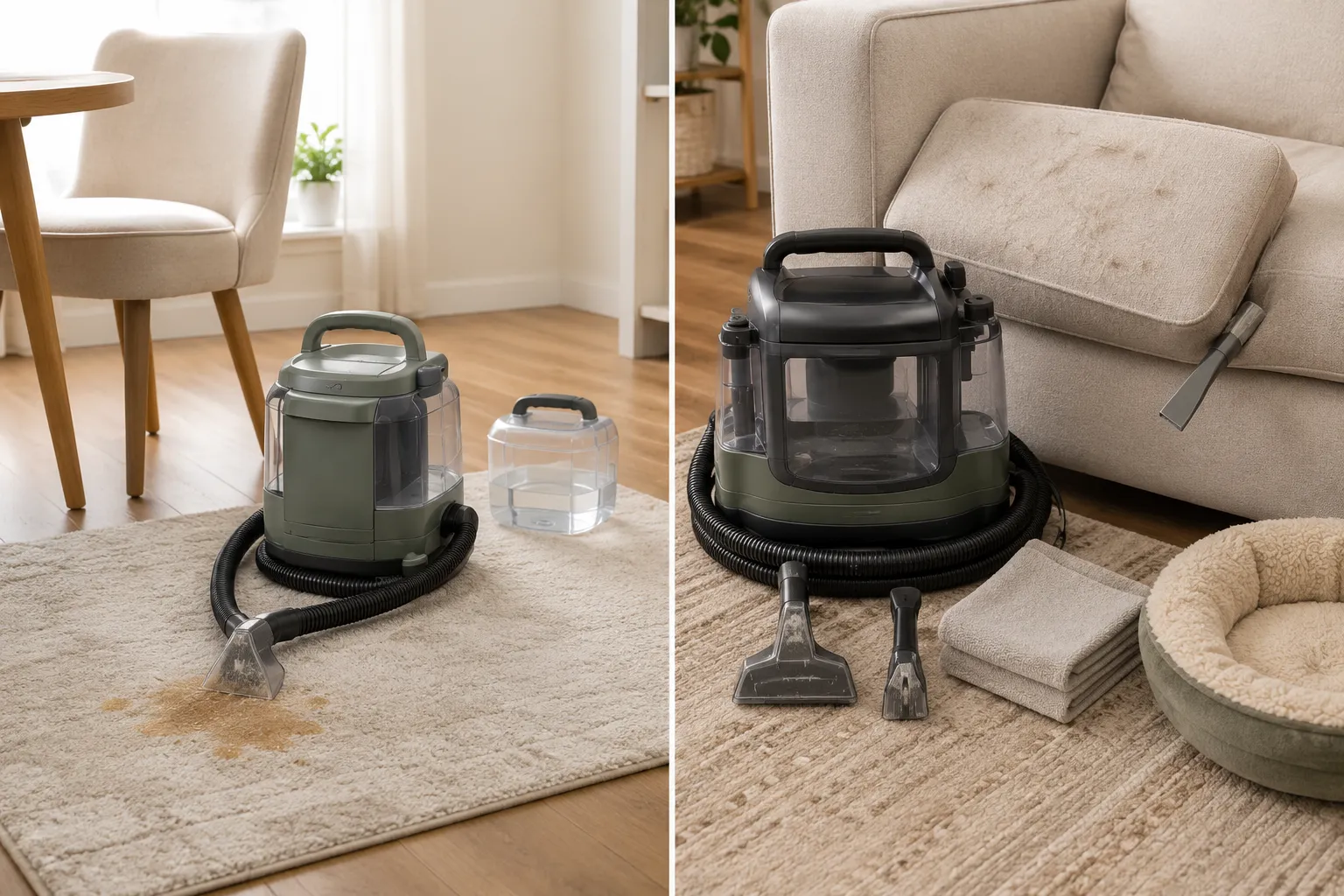 Side-by-side comparison of a portable spot cleaner handling a small rug spill and a pet-focused cleaner removing hair from sofa cushions and seams.