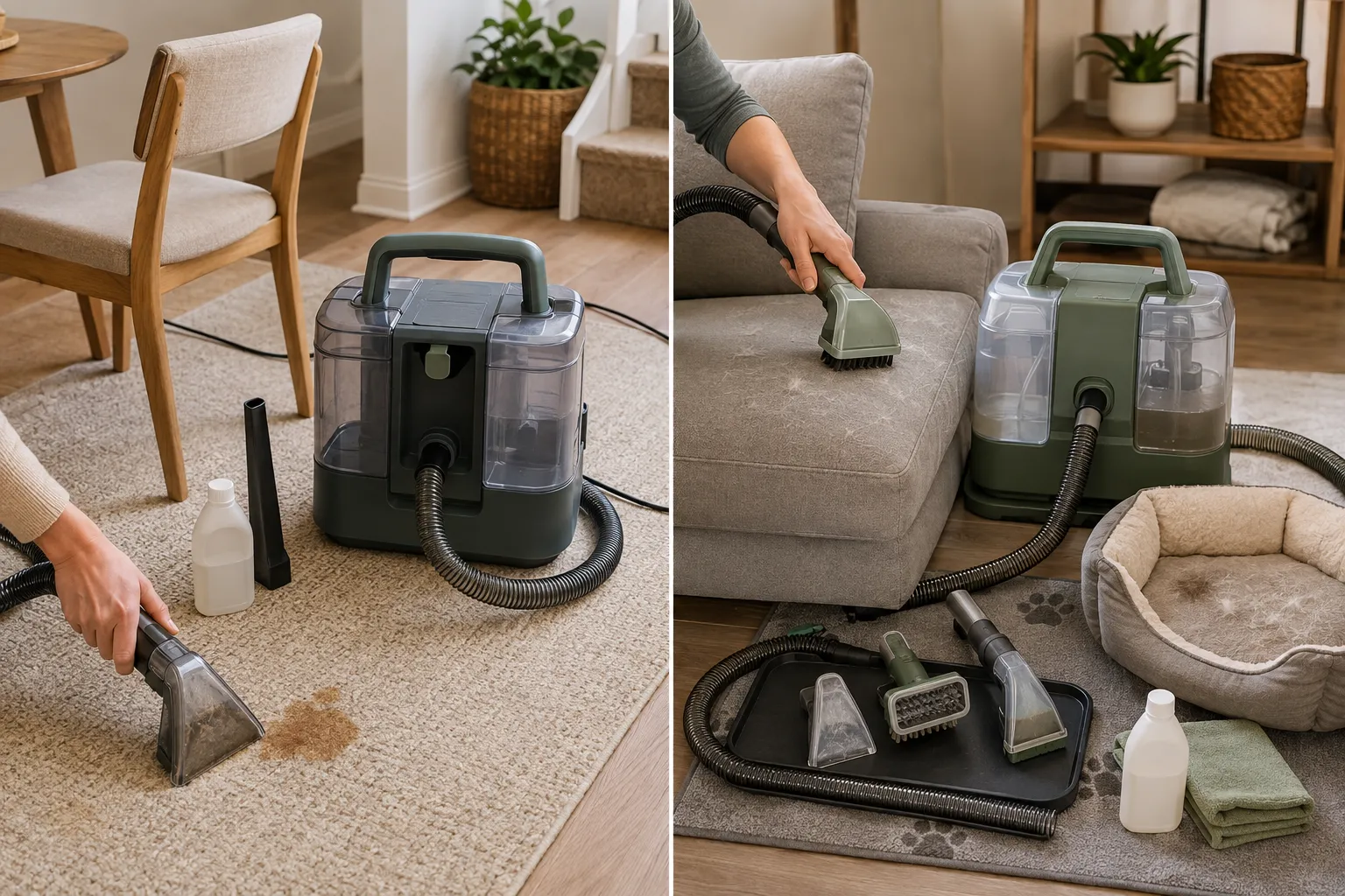 Side-by-side portable spot-cleaning routines showing a narrow tool on a small rug stain and a pet-hair tool on a sofa cushion and pet bed.