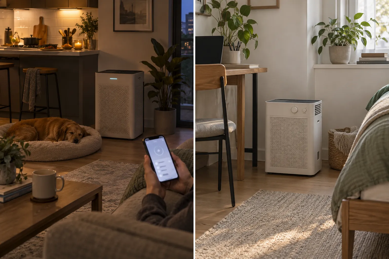Smart odor-sensing air purifier with app control compared with a particle-sensing purifier using physical controls, timer, and Eco-style automatic operation.