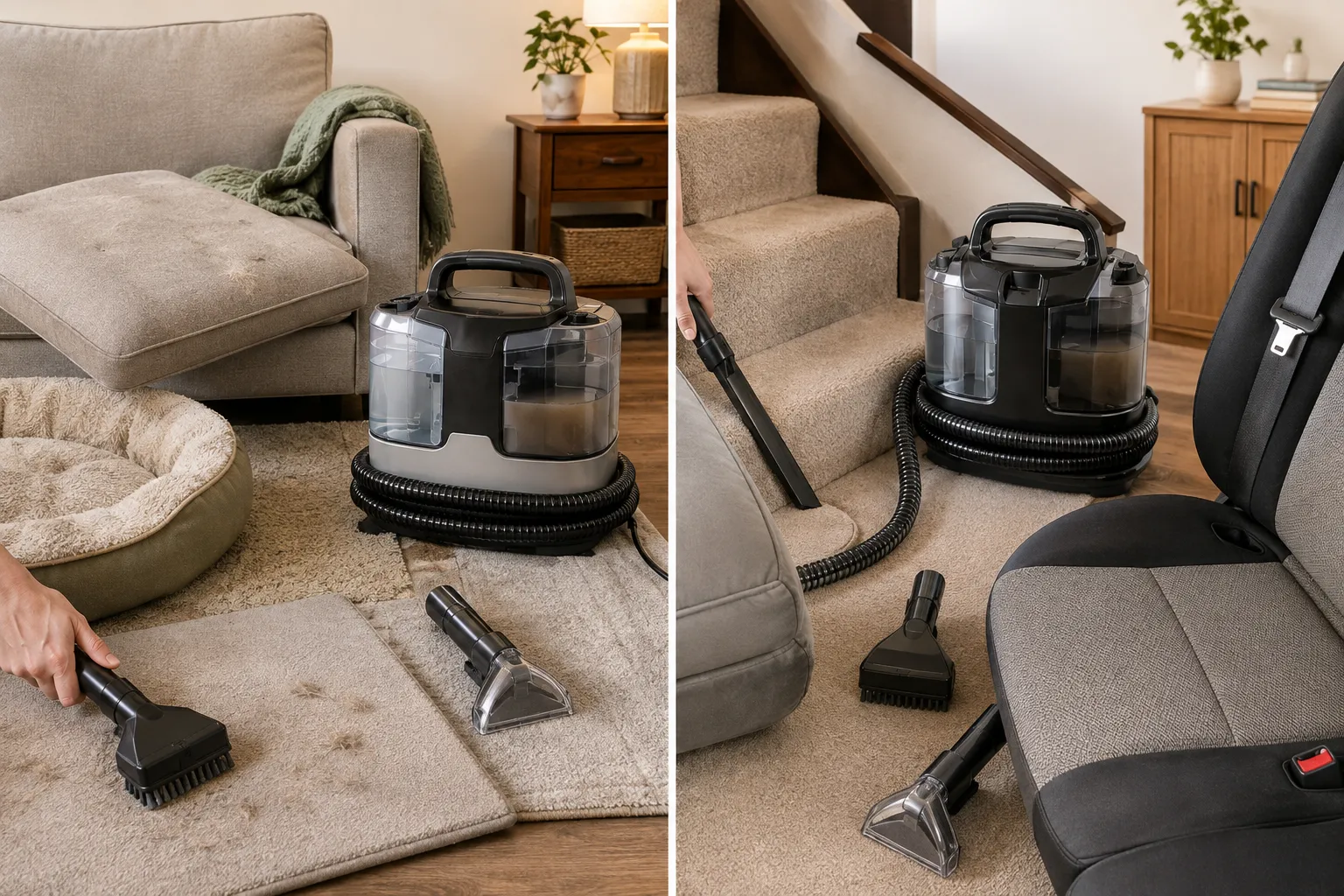 Pet-focused spot-cleaning comparison showing a pet-hair tool on accessible soft surfaces and a narrow spraying tool cleaning sofa and vehicle-seat seams.