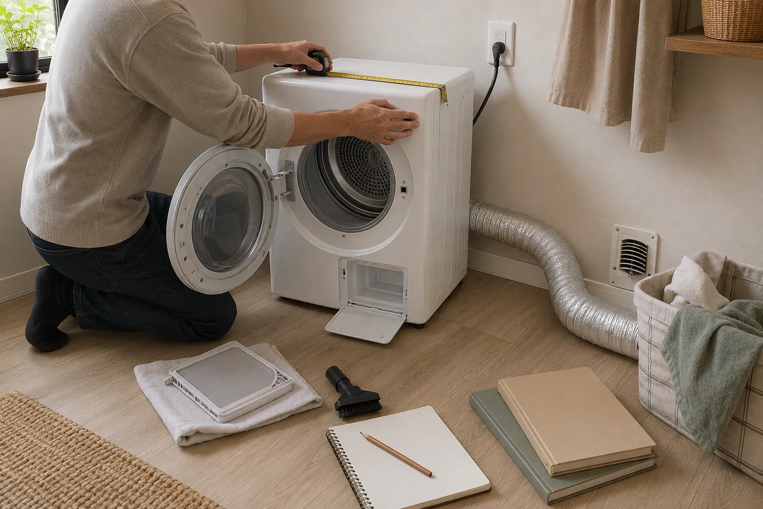 Adult renter checking a compact dryer manual, lease rules, exhaust route, grounded outlet, open-door clearance, and lint-filter access.