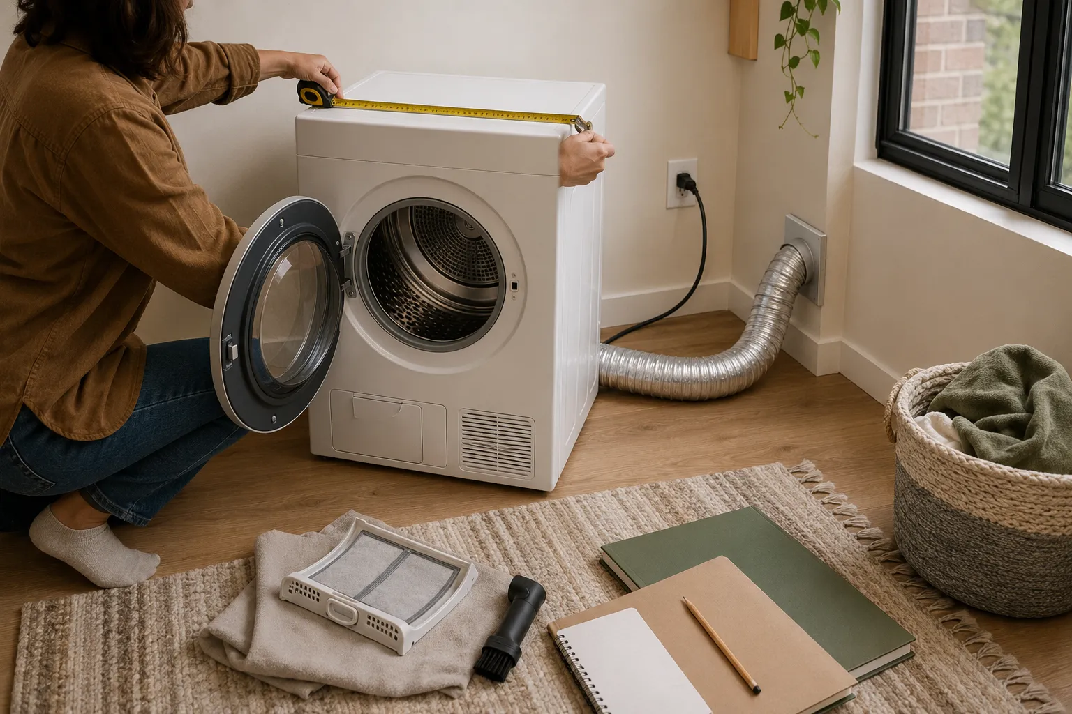 Adult renter measuring a compact vented dryer setup with an open door, exterior exhaust route, grounded outlet, airflow clearance, and accessible lint filter.