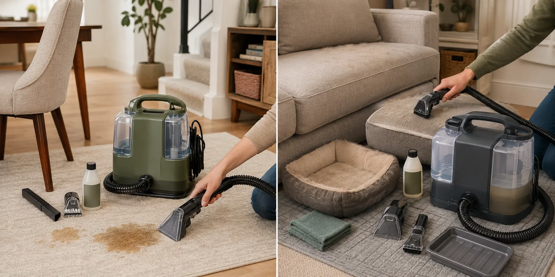 Adult renter emptying, rinsing, drying, and organizing portable spot-cleaner tanks, hoses, tools, cords, and cleaning formula before storage.