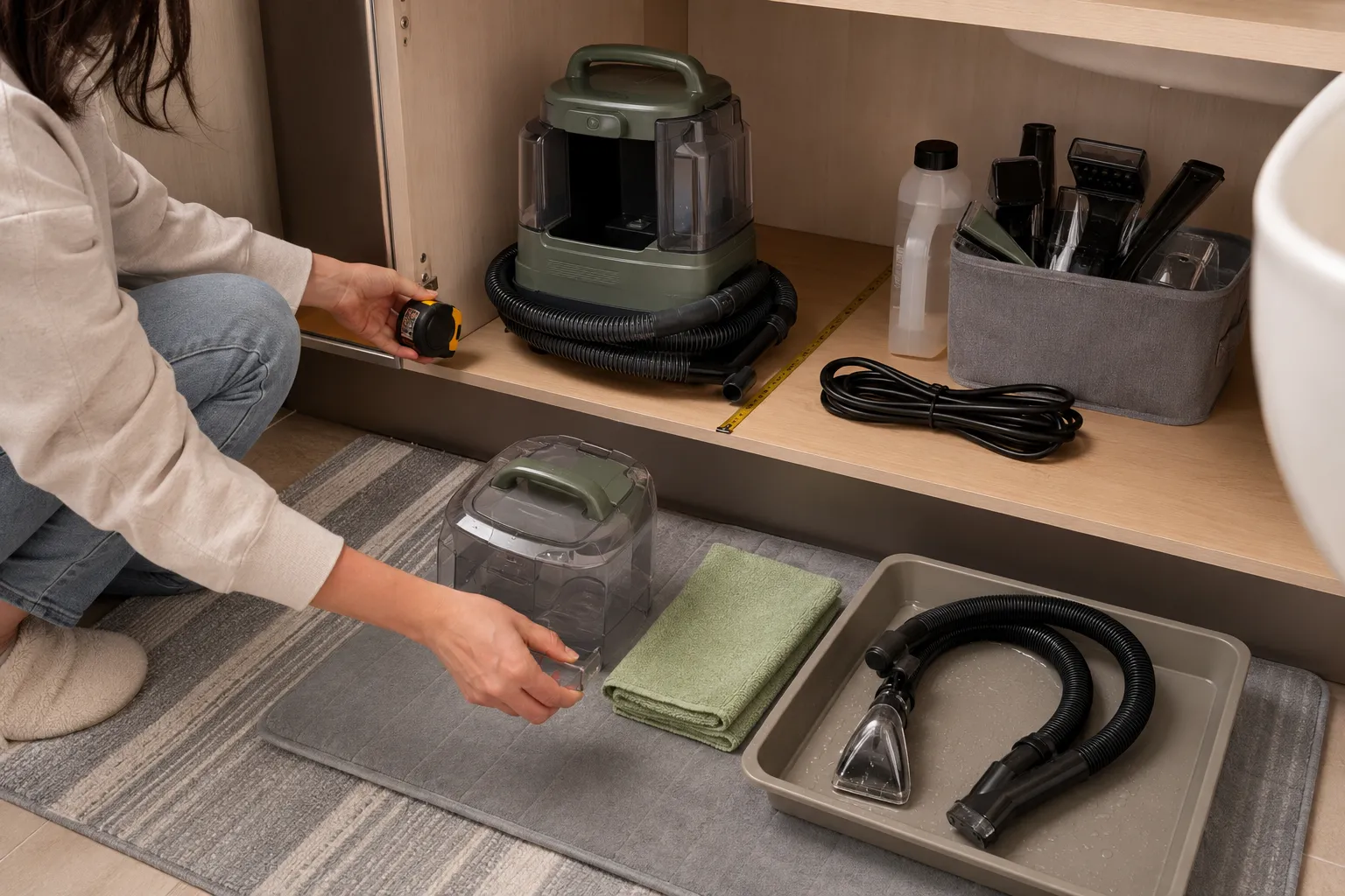 Adult renter emptying and rinsing portable spot-cleaner tanks, hose, and tools before storing the machine in a small apartment cabinet.
