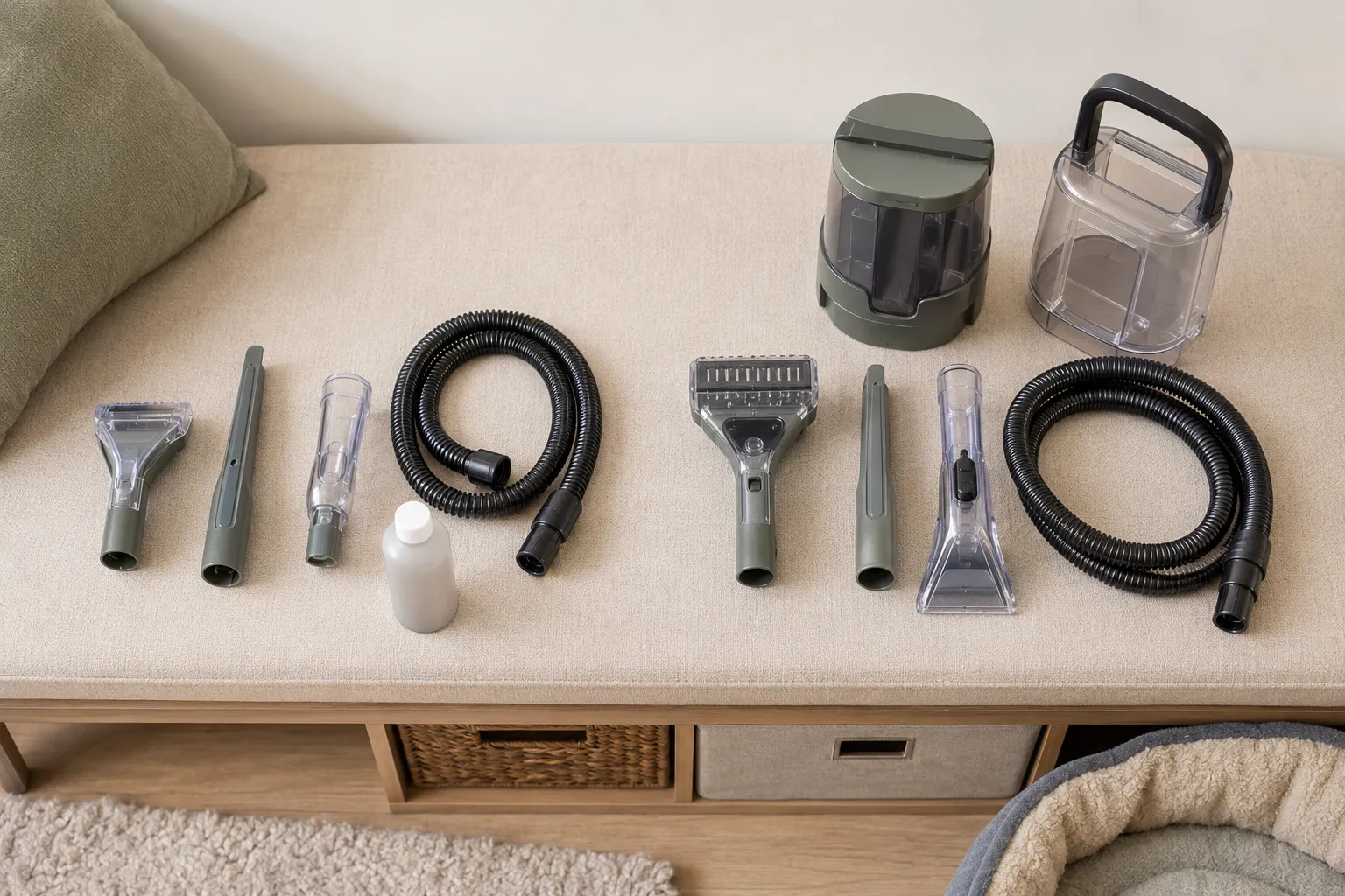 Basic stain, crevice, and hose-rinsing tools compared with pet-hair, upholstery-seam, and self-cleaning tools for portable spot cleaners.