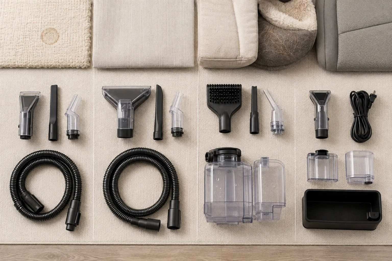 Basic stain, wide upholstery, tight-area, pet-hair, and compact spot-cleaner tools arranged beside rug, sofa, pet-bed, and vehicle-fabric samples.