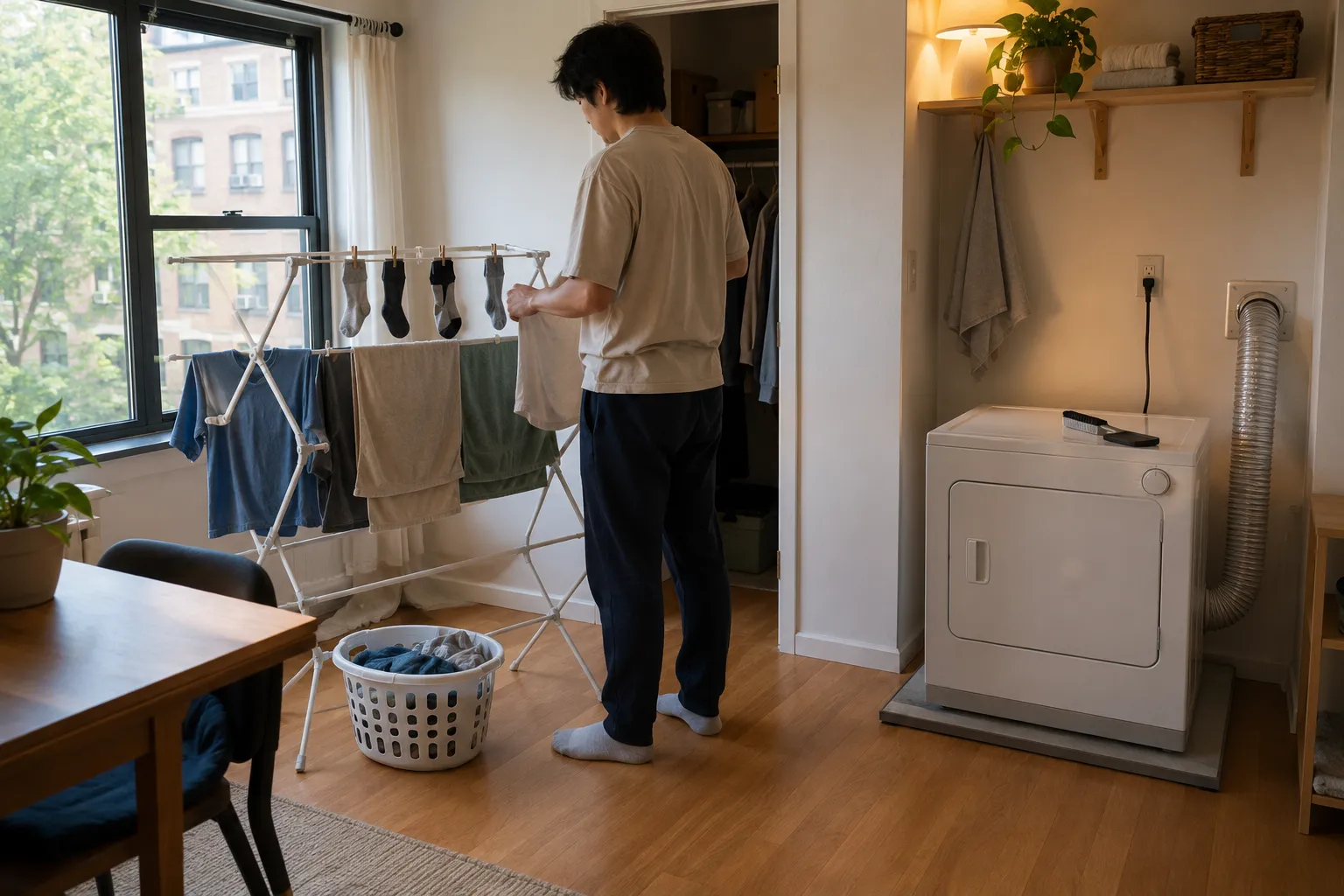 Adult renter hanging freshly washed clothes on a folding drying rack beside a compact vented dryer with a connected wall exhaust duct.