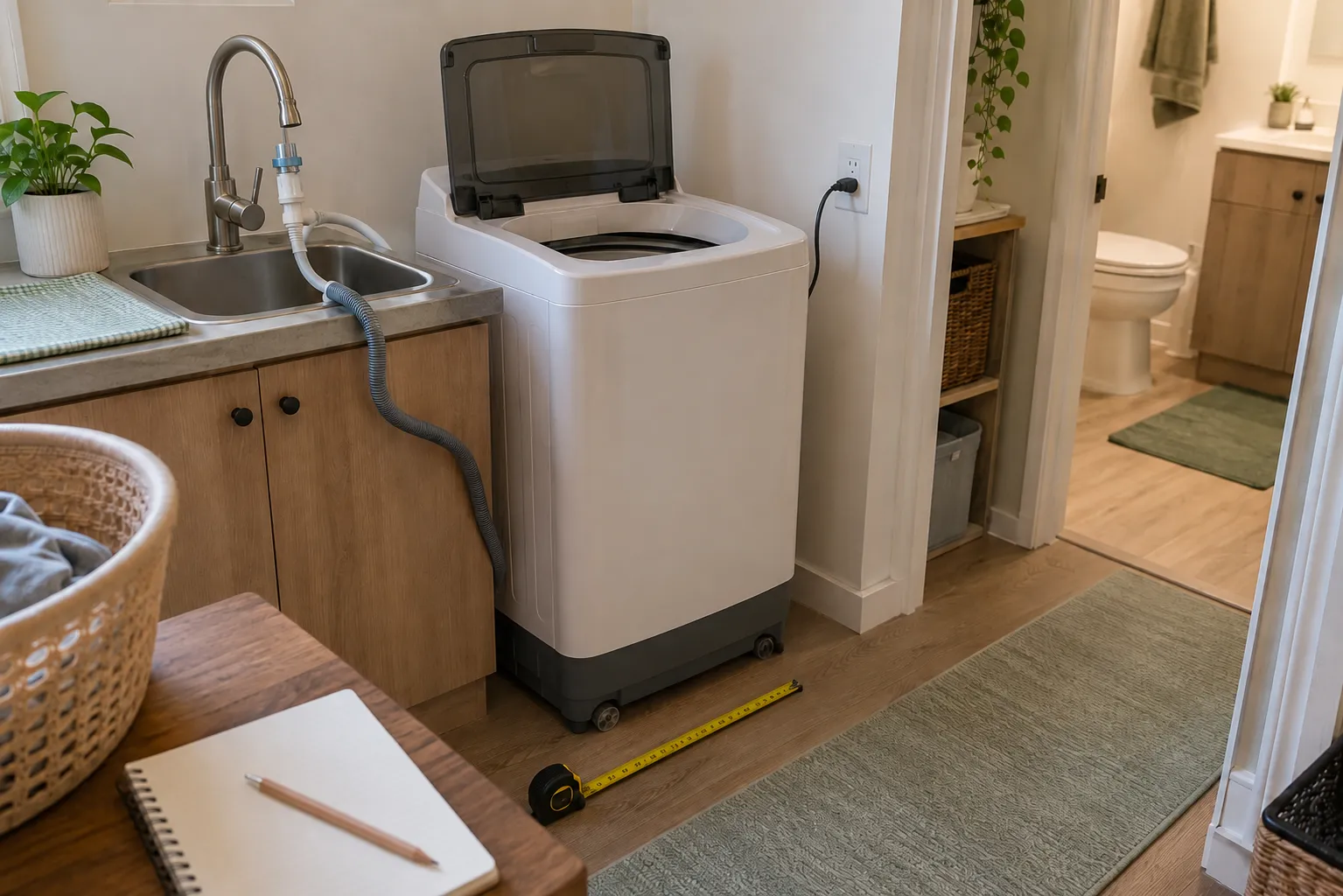 Portable washing machine beside an apartment sink with faucet connection, secure drainage, outlet access, open-lid clearance, and floor space being measured.