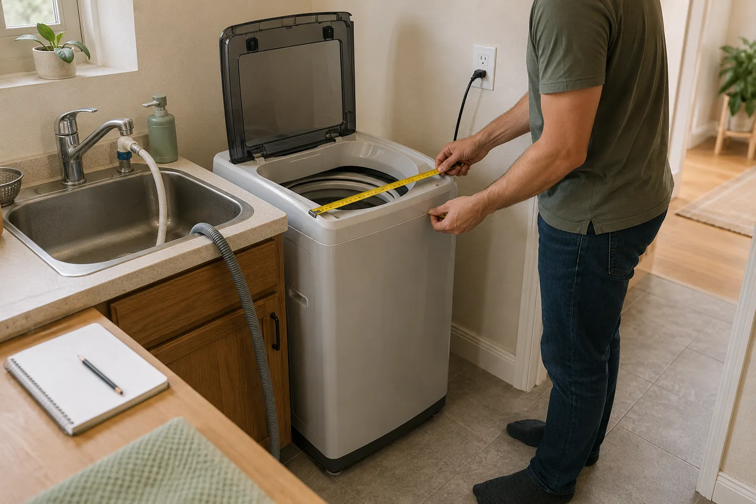 Adult renter measuring floor space for a compact portable washing machine beside a sink, with an open lid, faucet connection, drainage hose, and nearby grounded outlet visible.
