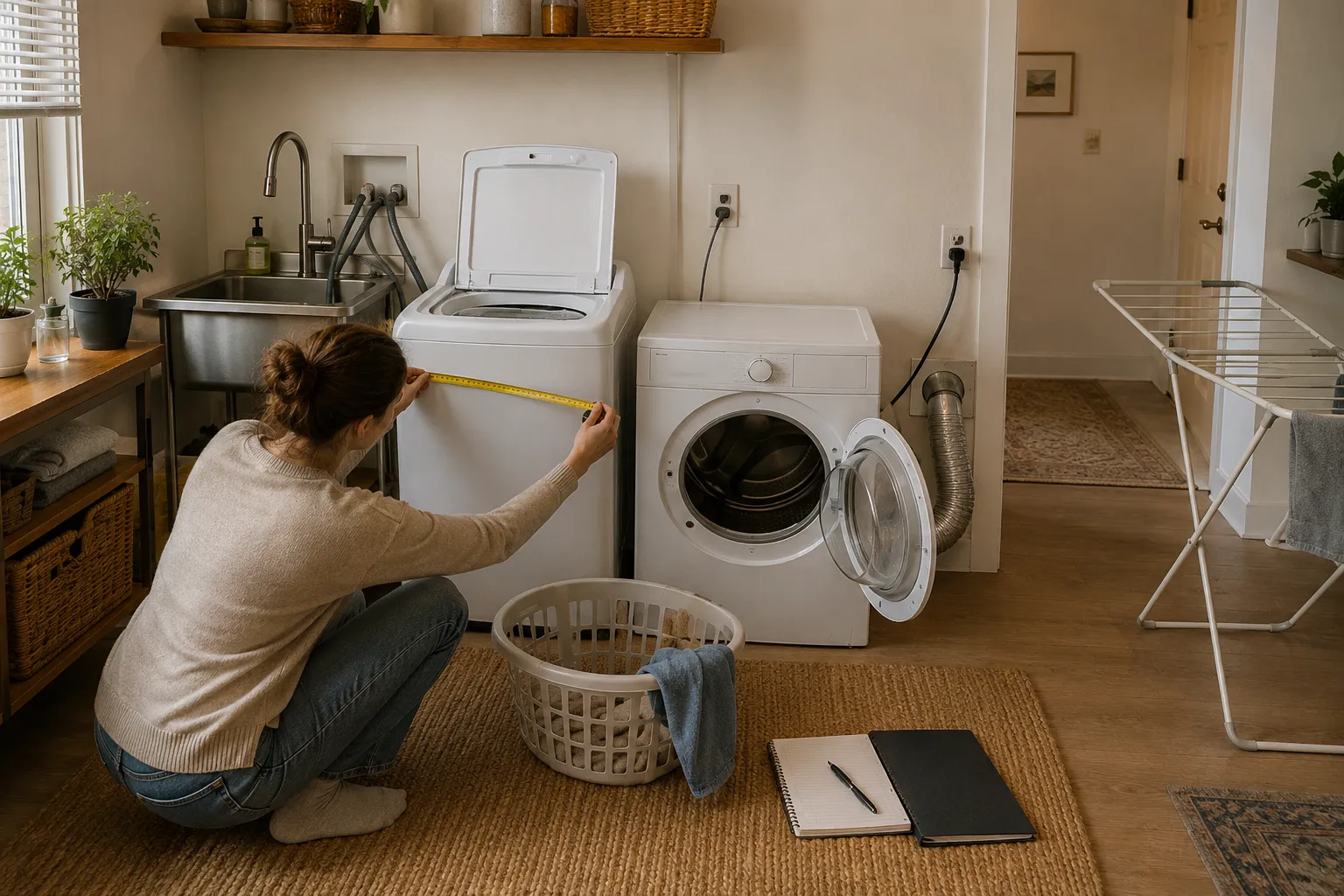 Adult renter measuring washer and dryer footprints, open-door clearance, faucet hoses, exhaust path, baskets, outlets, and walking space in a small apartment.