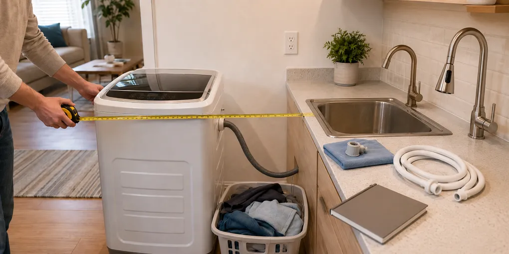 Portable washing machine beside an apartment sink with a disconnected inlet hose, loose faucet adapter, instruction manual, drainage route, and safe outlet access.