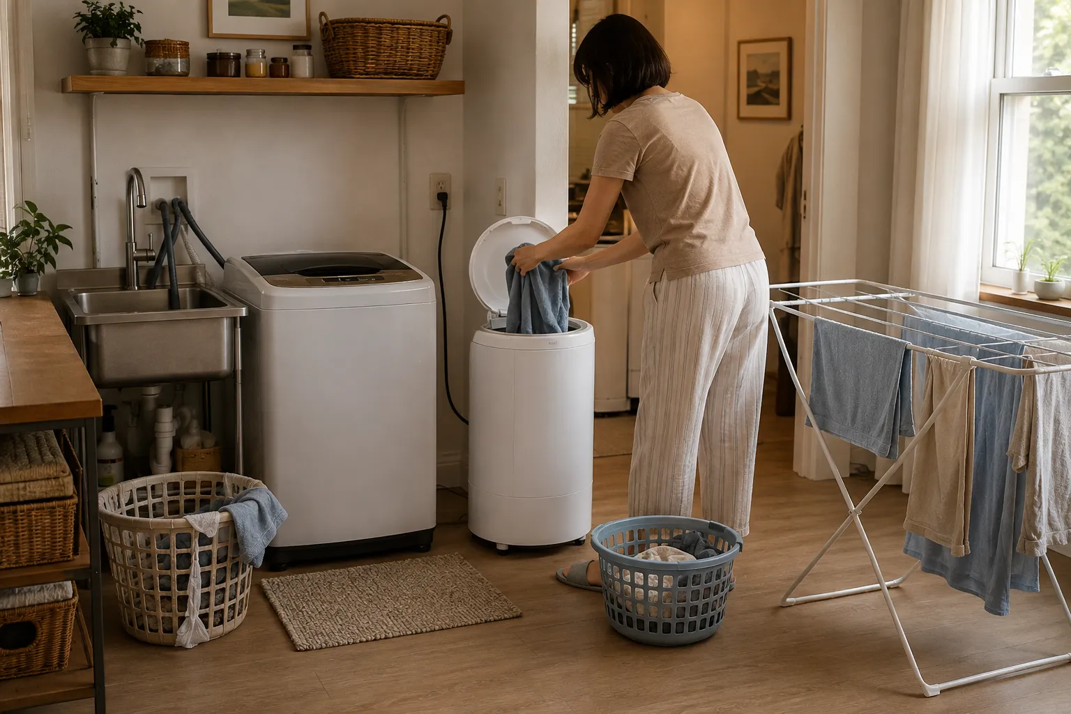 Adult renter transferring wet laundry from a portable washer to a centrifugal spin dryer while previously spun clothes finish drying on a folding rack.
