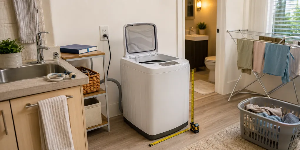 Portable washing machine in a small apartment laundry area with a lease folder, faucet hose, secure drainage, grounded outlet, measuring tape, and drying rack.