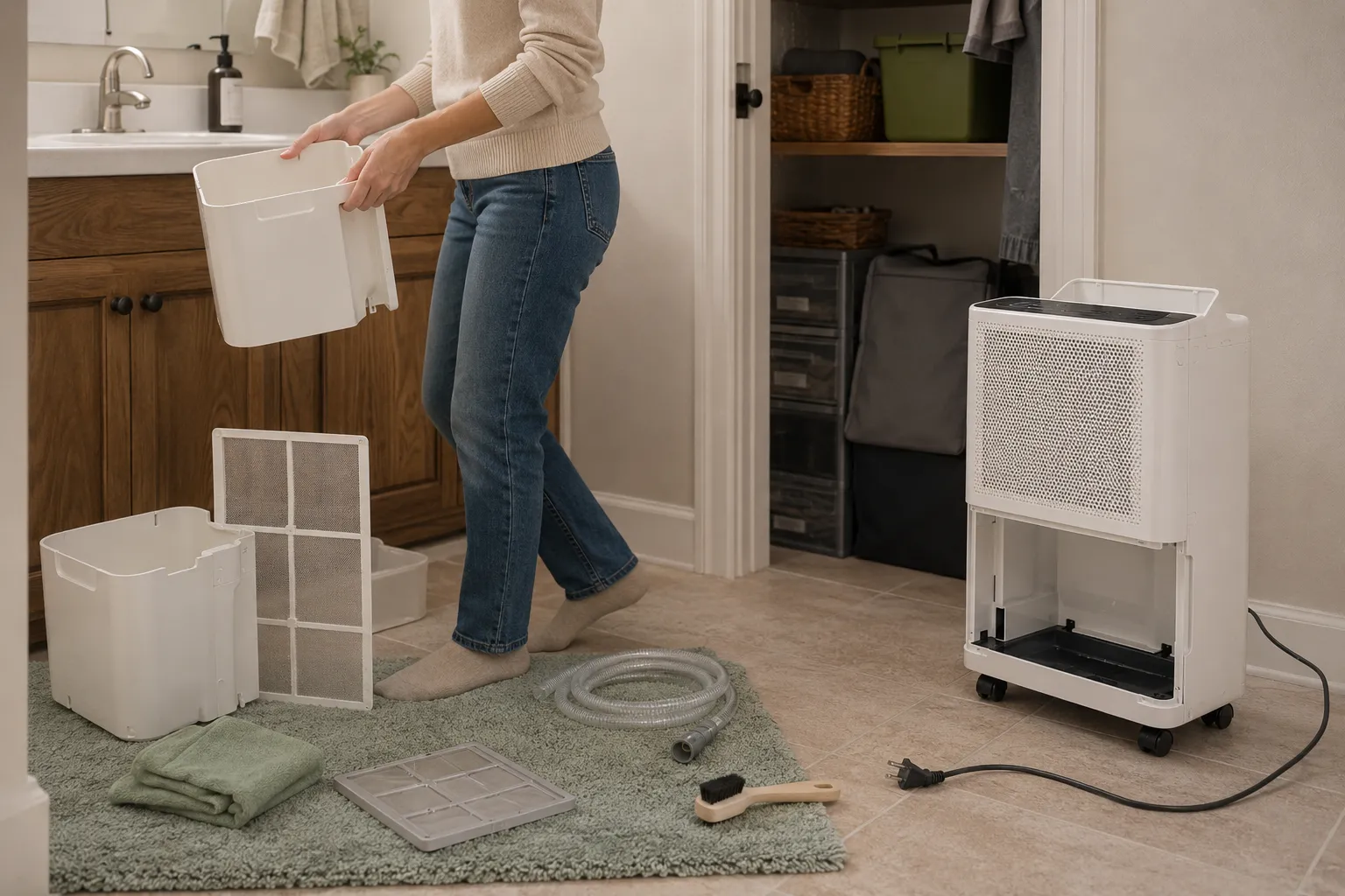 Adult renter emptying a dehumidifier bucket, inspecting the pump hose, cleaning a washable filter, and preparing the appliance for dry seasonal storage.