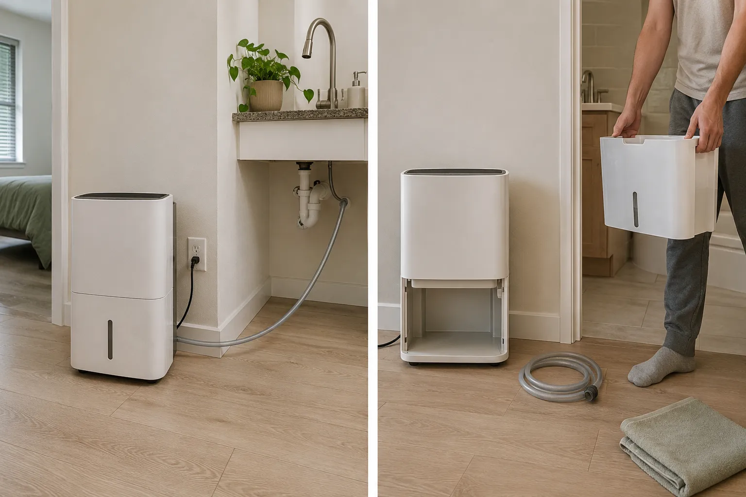 Side-by-side dehumidifier routines showing secure pump drainage to a sink and manual bucket emptying as a practical apartment backup.