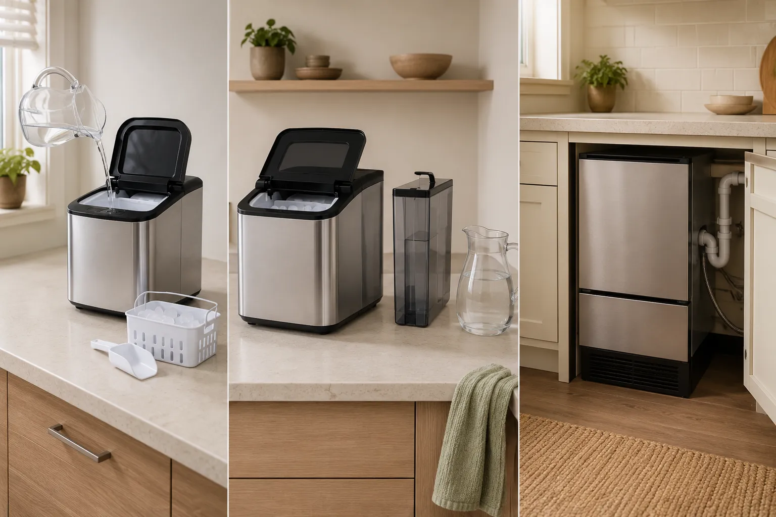 Comparison of a manually filled countertop ice maker, a refillable side-tank model, and an installed direct-water ice maker beneath a kitchen counter.