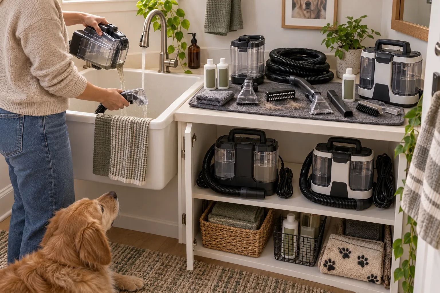 Adult renter emptying, rinsing, drying, and storing portable spot-cleaner tanks, hoses, pet, bristle and crevice tools, cords, and cleaning formulas in a small apartment.