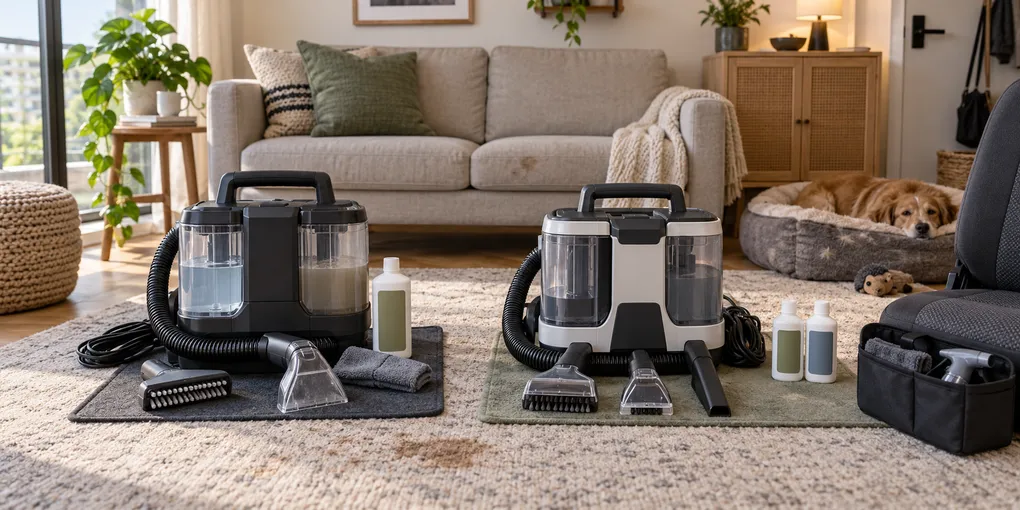 Two pet-focused portable spot-cleaner systems compared in a small apartment with pet-hair, stain, bristle, and crevice tools beside a rug, sofa, and pet bed.