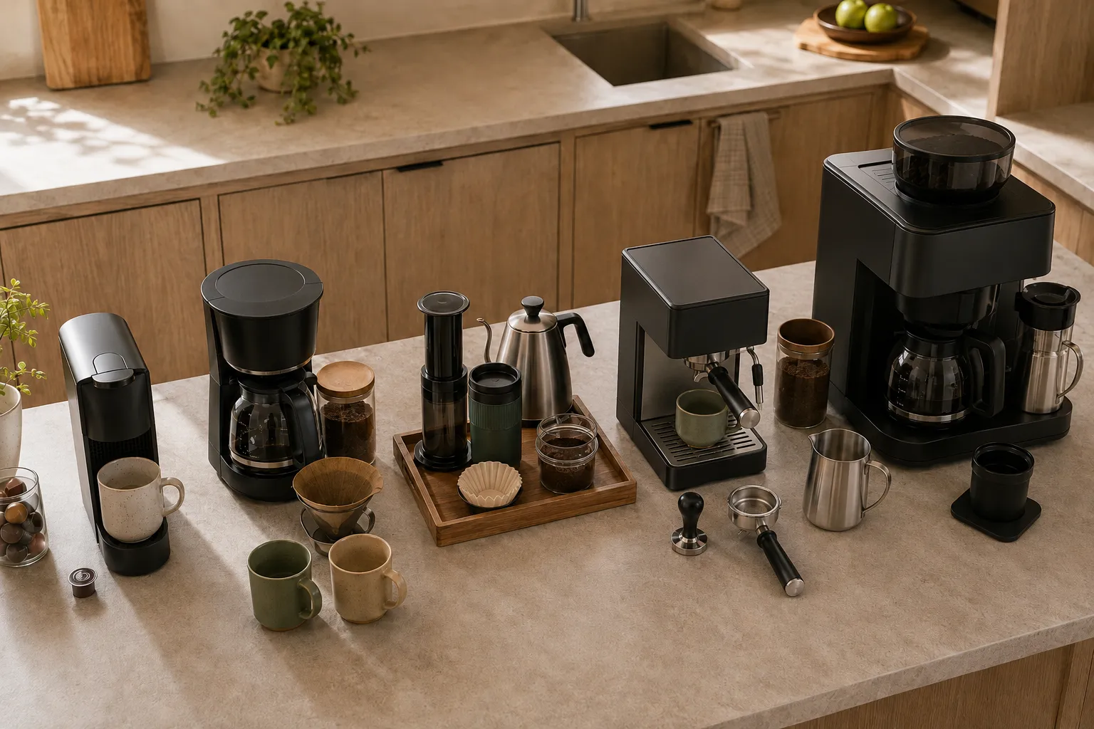 Five coffee-making routines compared on a small-kitchen counter, including pod, drip, manual press, espresso, and all-in-one grinder systems.