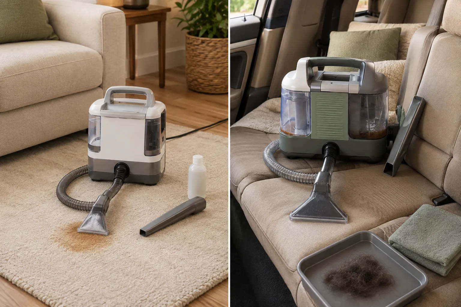 Side-by-side portable spot-cleaning routines showing a narrow tool on a small rug stain and wider and tight-area tools on upholstery.