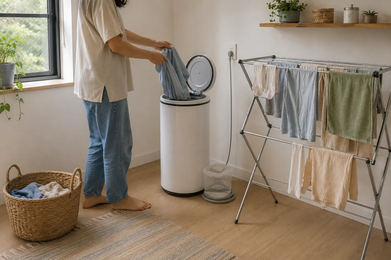 Adult renter moving damp clothes from a centrifugal spin dryer to a folding drying rack in a small apartment.