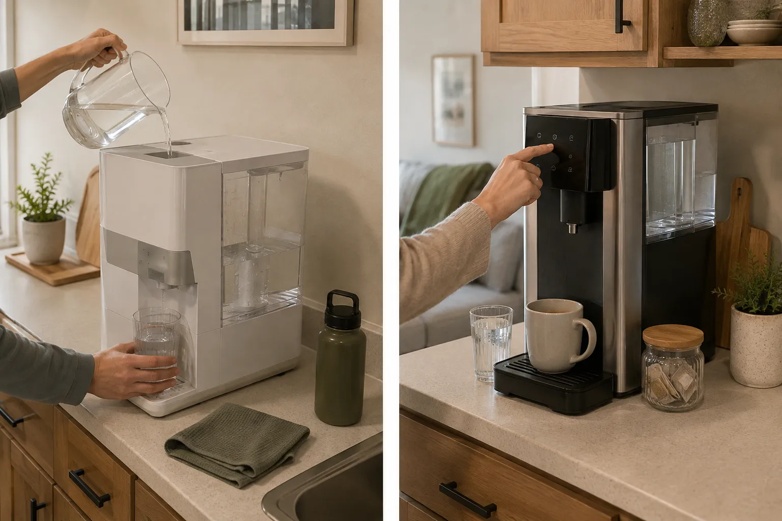 Side-by-side countertop RO routines showing room-temperature water dispensed from a tank-first purifier and hot and cold drinks prepared from a larger beverage station.