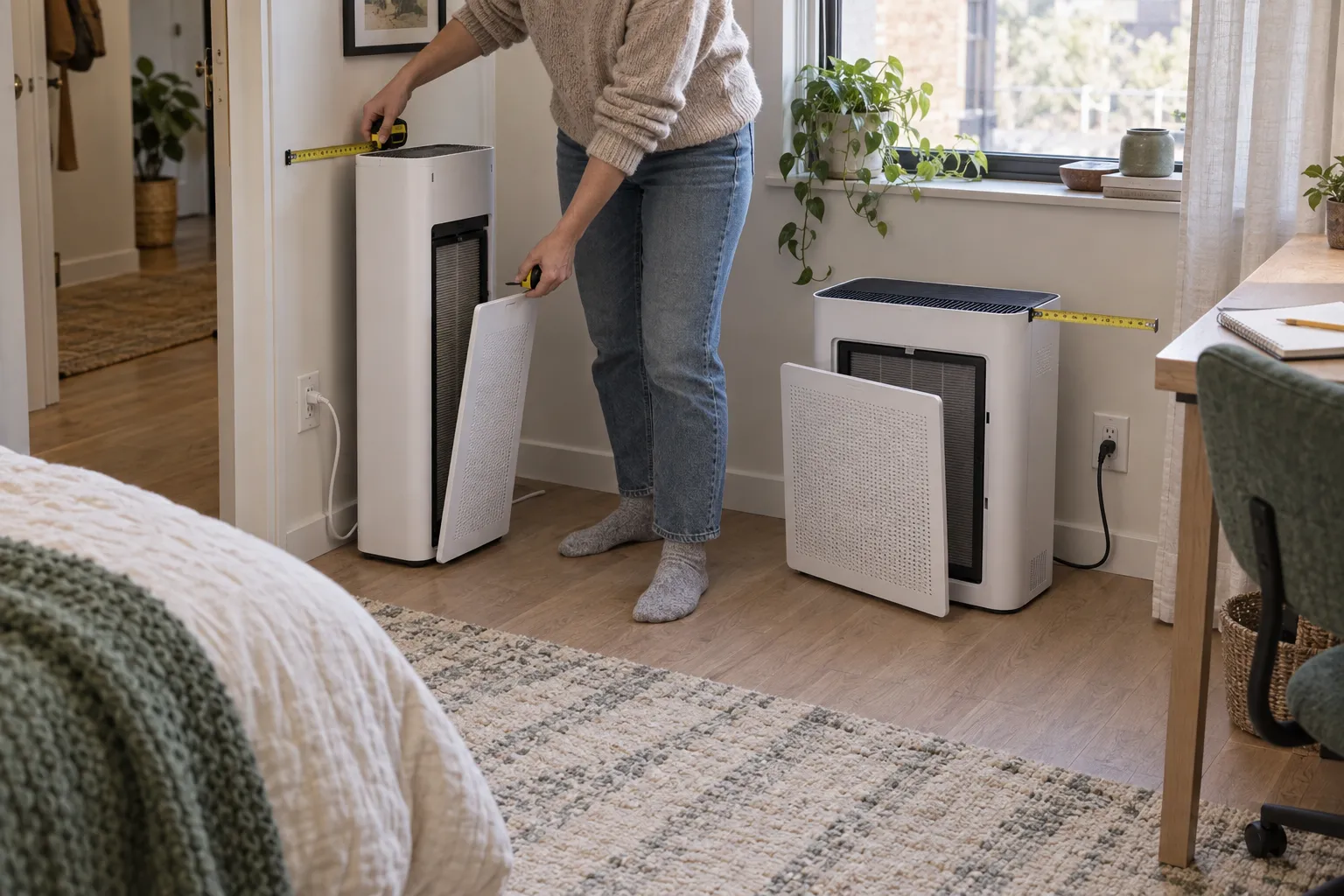 Adult renter comparing the floor depth, width, height, filter access, airflow clearance, and walking space of a shallow tall purifier and a shorter wider purifier.