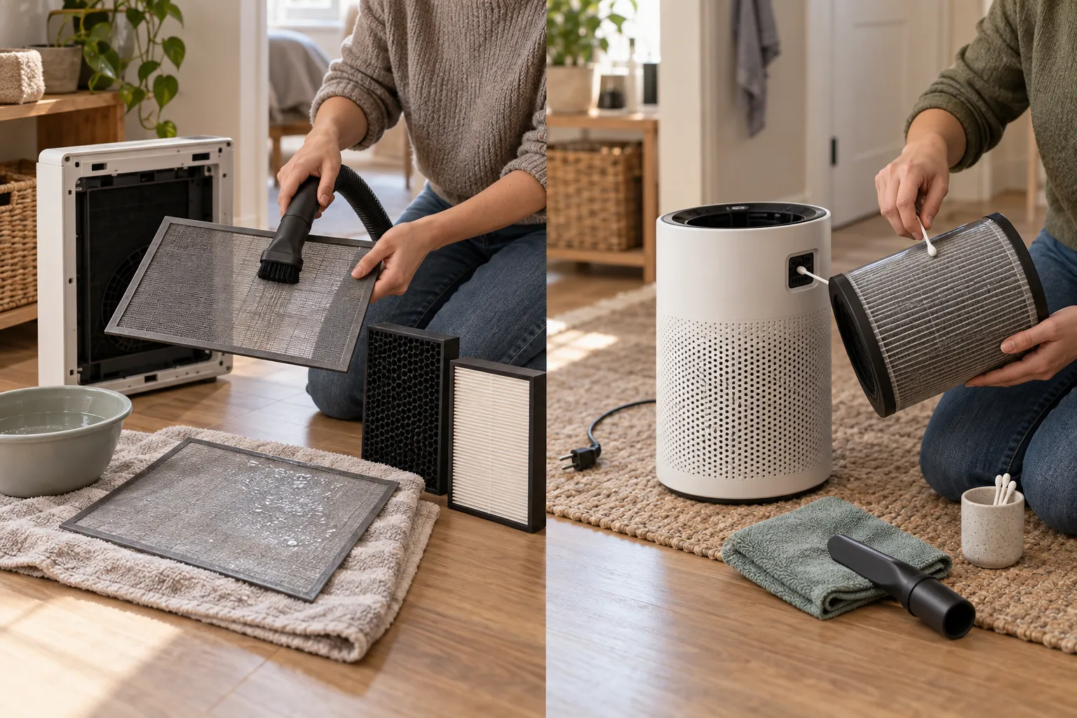 Air purifier maintenance comparison showing a reusable mesh pre-filter being cleaned separately from dry carbon and pleated filters, and a cylindrical filter being vacuumed while its particle sensor is cleaned.