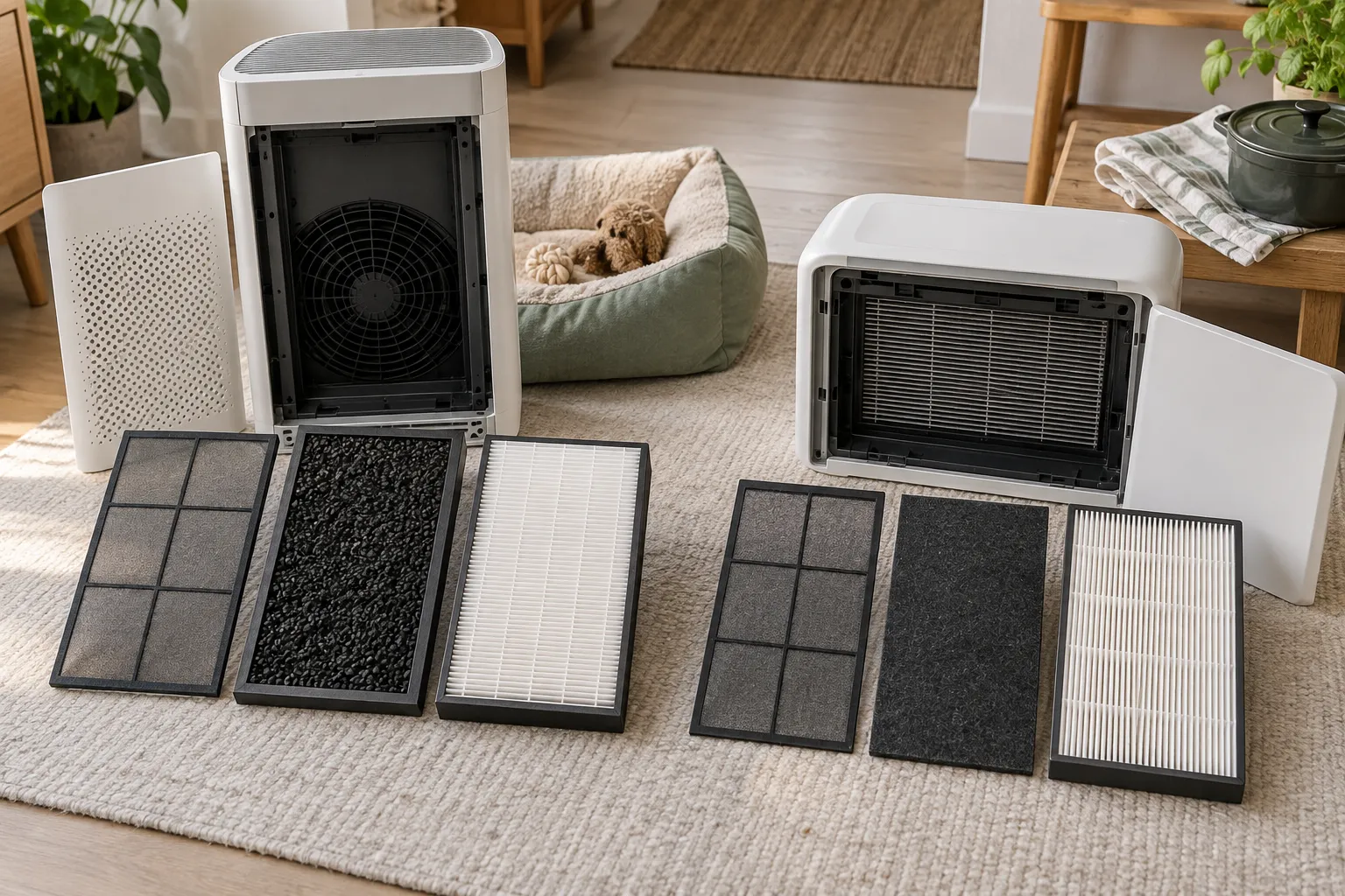 Separate mesh, carbon-pellet, and pleated filters compared with a washable pre-filter, deodorization filter, and HEPA-style filter from another air purifier.