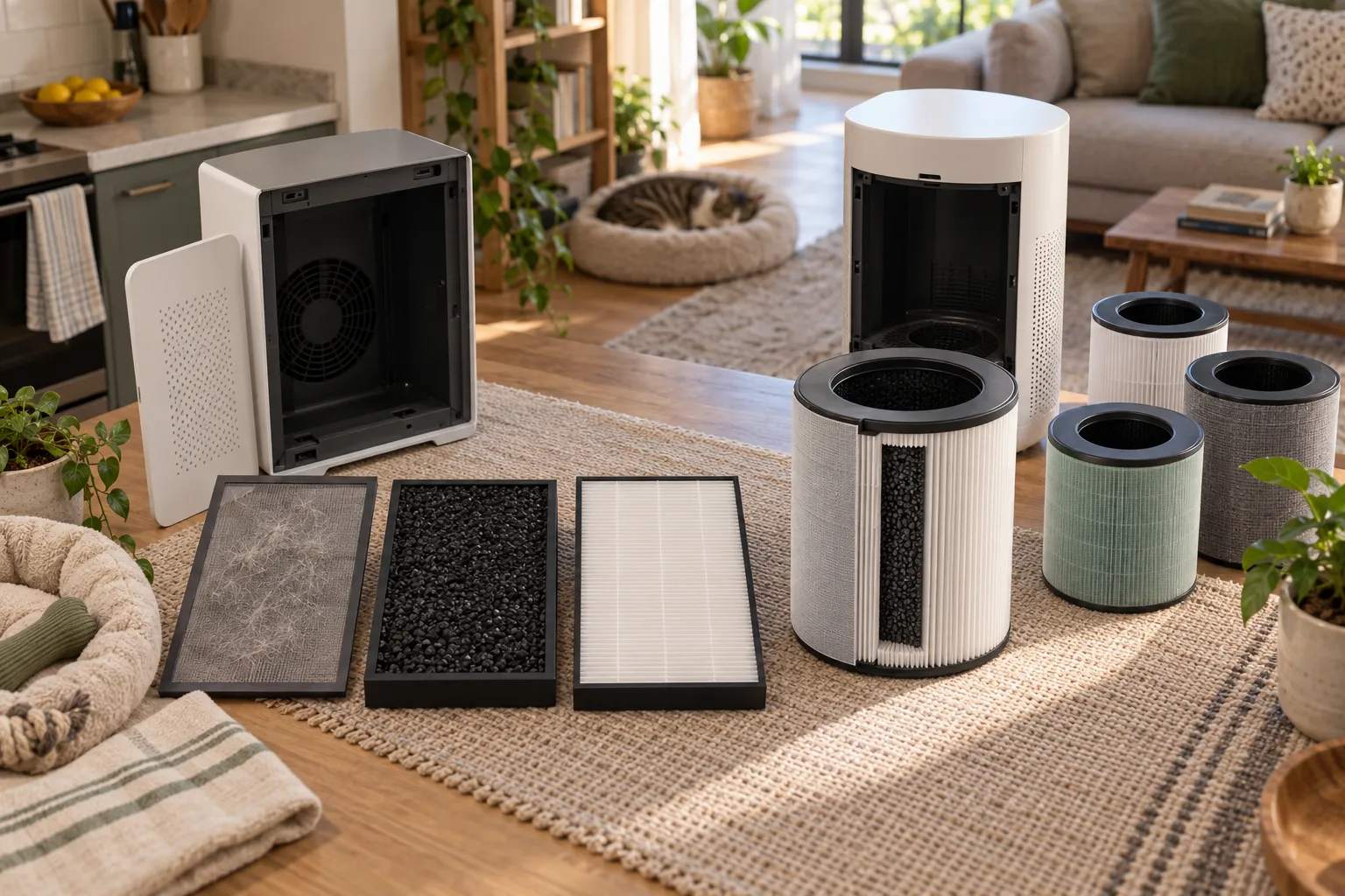 Separate mesh, carbon-pellet, and pleated filters compared with an integrated cylindrical air-purifier filter containing outer, particle, and activated-carbon layers.